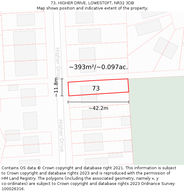 73, HIGHER DRIVE, LOWESTOFT, NR32 3DB: Plot and title map