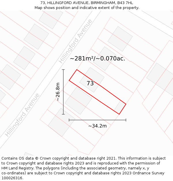 73, HILLINGFORD AVENUE, BIRMINGHAM, B43 7HL: Plot and title map