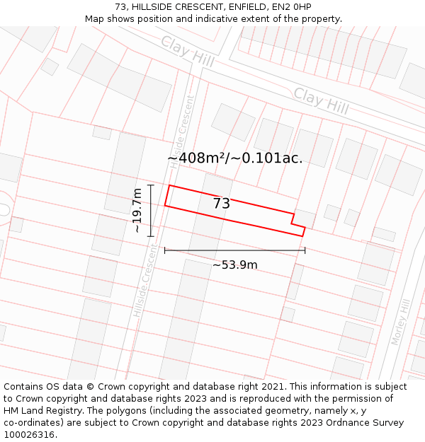 73, HILLSIDE CRESCENT, ENFIELD, EN2 0HP: Plot and title map