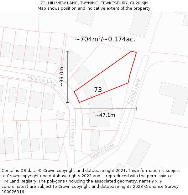73, HILLVIEW LANE, TWYNING, TEWKESBURY, GL20 6JN: Plot and title map