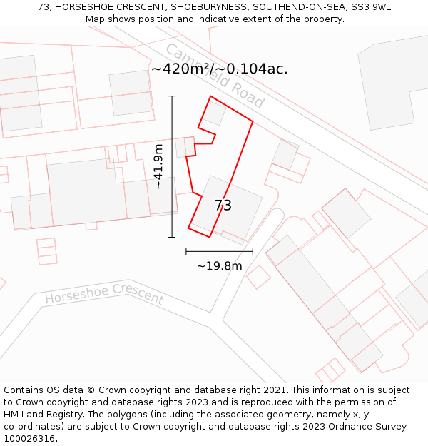 73, HORSESHOE CRESCENT, SHOEBURYNESS, SOUTHEND-ON-SEA, SS3 9WL: Plot and title map