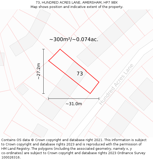 73, HUNDRED ACRES LANE, AMERSHAM, HP7 9BX: Plot and title map