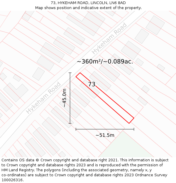 73, HYKEHAM ROAD, LINCOLN, LN6 8AD: Plot and title map