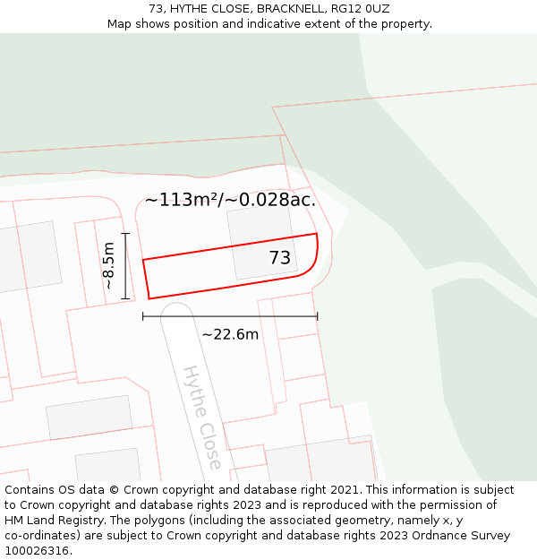 73, HYTHE CLOSE, BRACKNELL, RG12 0UZ: Plot and title map