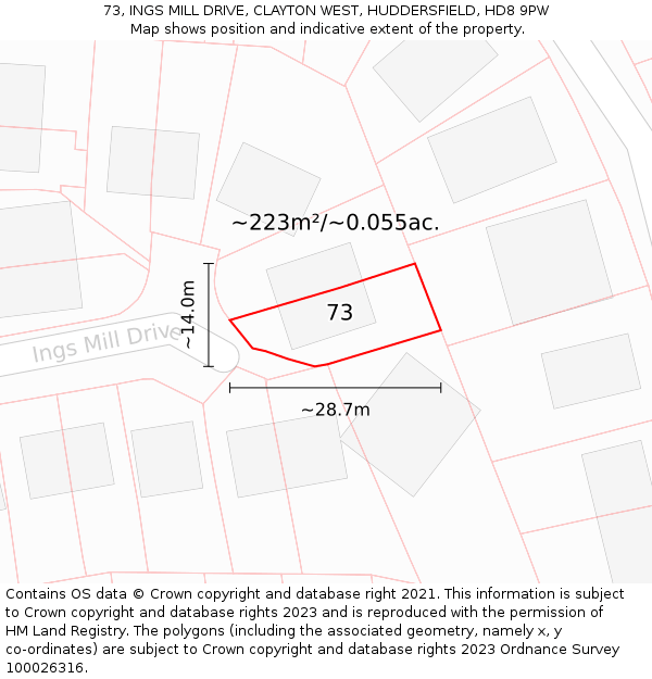 73, INGS MILL DRIVE, CLAYTON WEST, HUDDERSFIELD, HD8 9PW: Plot and title map