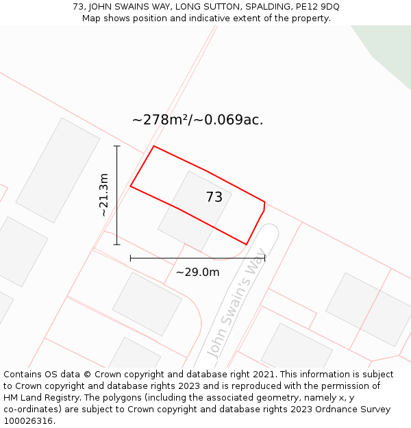 73, JOHN SWAINS WAY, LONG SUTTON, SPALDING, PE12 9DQ: Plot and title map