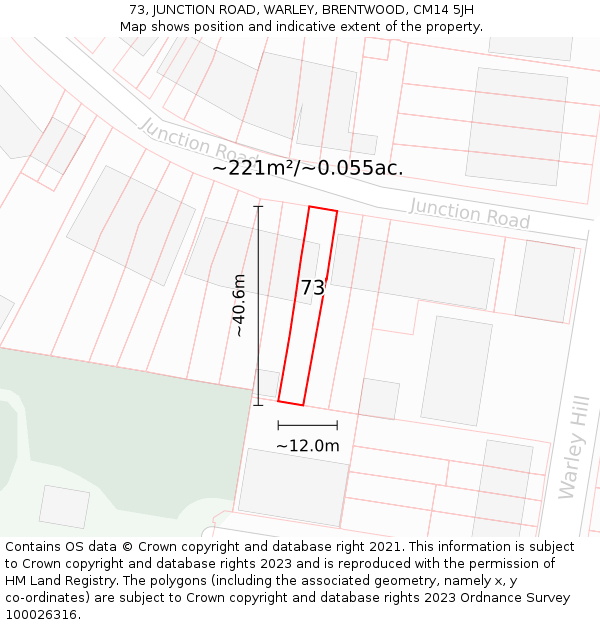 73, JUNCTION ROAD, WARLEY, BRENTWOOD, CM14 5JH: Plot and title map