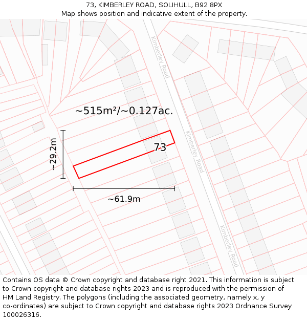 73, KIMBERLEY ROAD, SOLIHULL, B92 8PX: Plot and title map