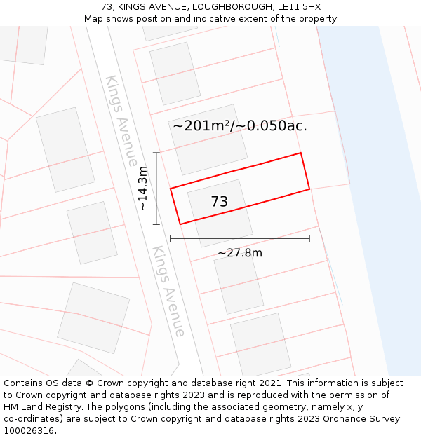 73, KINGS AVENUE, LOUGHBOROUGH, LE11 5HX: Plot and title map