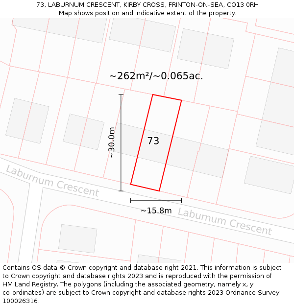 73, LABURNUM CRESCENT, KIRBY CROSS, FRINTON-ON-SEA, CO13 0RH: Plot and title map