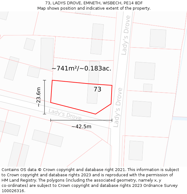 73, LADYS DROVE, EMNETH, WISBECH, PE14 8DF: Plot and title map