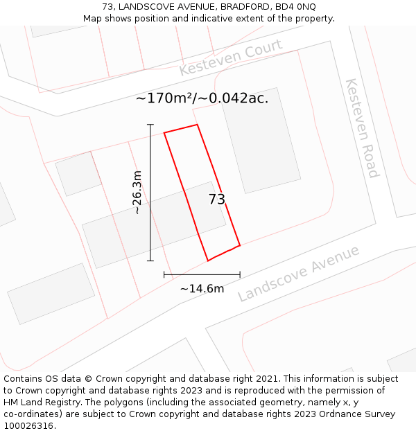 73, LANDSCOVE AVENUE, BRADFORD, BD4 0NQ: Plot and title map