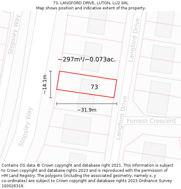 73, LANGFORD DRIVE, LUTON, LU2 9AL: Plot and title map