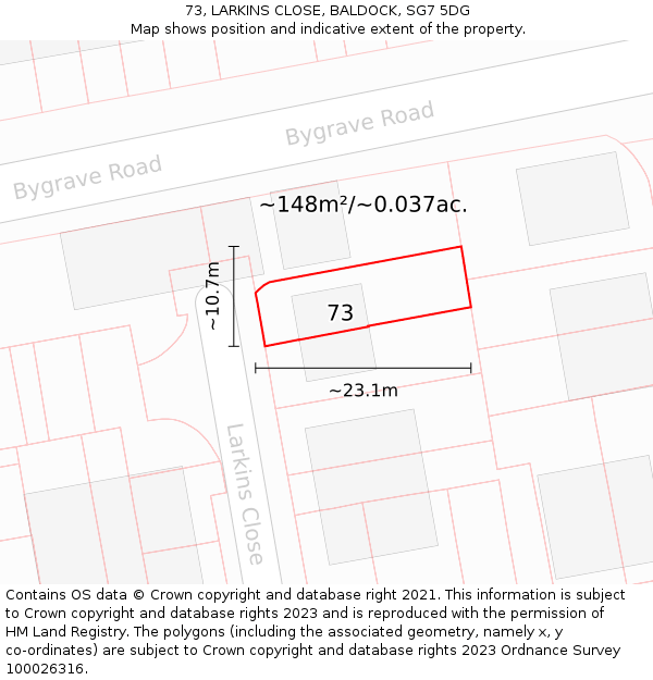73, LARKINS CLOSE, BALDOCK, SG7 5DG: Plot and title map