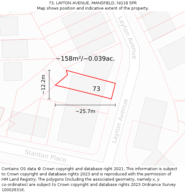 73, LAYTON AVENUE, MANSFIELD, NG18 5PR: Plot and title map