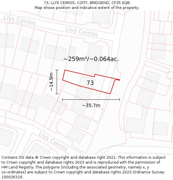 73, LLYS CEIRIOS, COITY, BRIDGEND, CF35 6QB: Plot and title map
