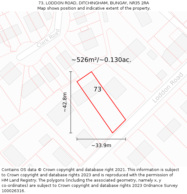 73, LODDON ROAD, DITCHINGHAM, BUNGAY, NR35 2RA: Plot and title map