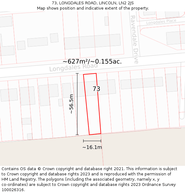 73, LONGDALES ROAD, LINCOLN, LN2 2JS: Plot and title map