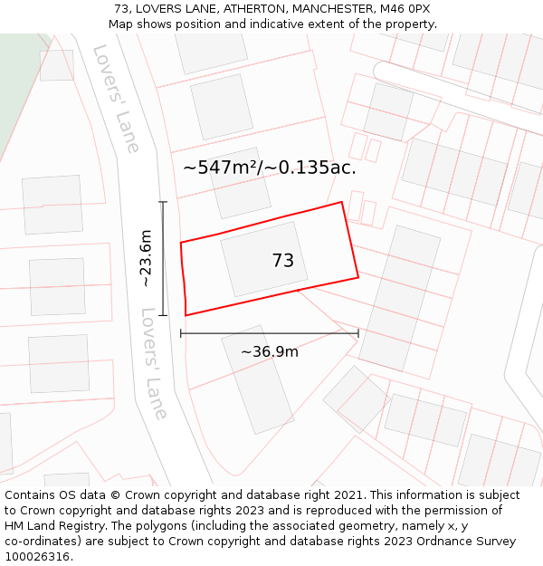 73, LOVERS LANE, ATHERTON, MANCHESTER, M46 0PX: Plot and title map