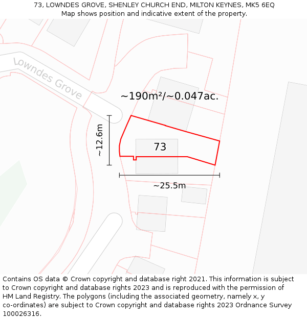 73, LOWNDES GROVE, SHENLEY CHURCH END, MILTON KEYNES, MK5 6EQ: Plot and title map