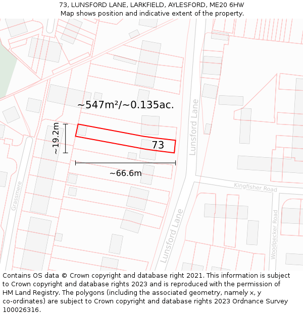 73, LUNSFORD LANE, LARKFIELD, AYLESFORD, ME20 6HW: Plot and title map