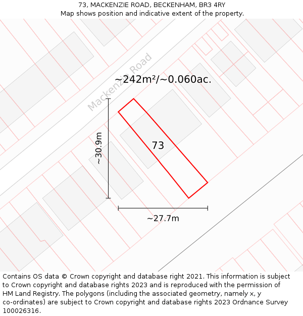 73, MACKENZIE ROAD, BECKENHAM, BR3 4RY: Plot and title map