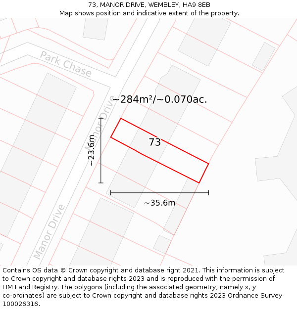 73, MANOR DRIVE, WEMBLEY, HA9 8EB: Plot and title map