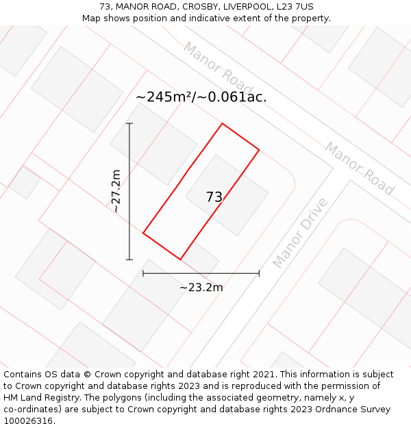 73, MANOR ROAD, CROSBY, LIVERPOOL, L23 7US: Plot and title map
