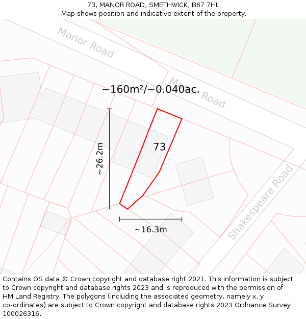 73, MANOR ROAD, SMETHWICK, B67 7HL: Plot and title map