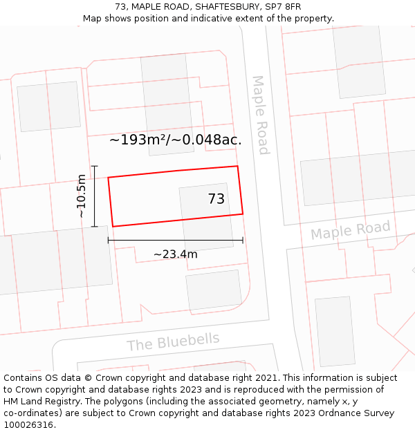 73, MAPLE ROAD, SHAFTESBURY, SP7 8FR: Plot and title map