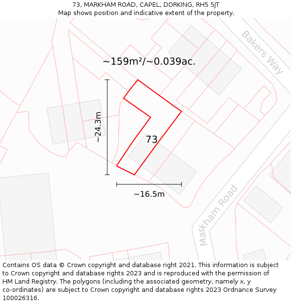 73, MARKHAM ROAD, CAPEL, DORKING, RH5 5JT: Plot and title map