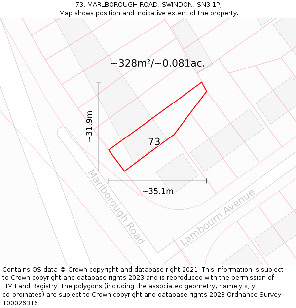 73, MARLBOROUGH ROAD, SWINDON, SN3 1PJ: Plot and title map