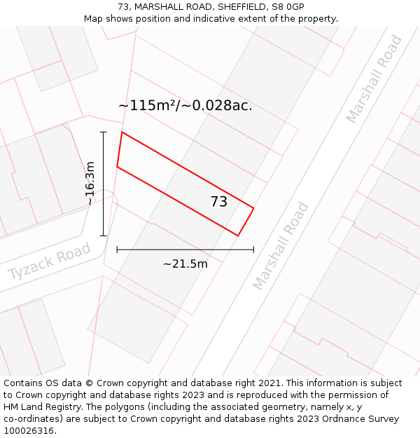 73, MARSHALL ROAD, SHEFFIELD, S8 0GP: Plot and title map