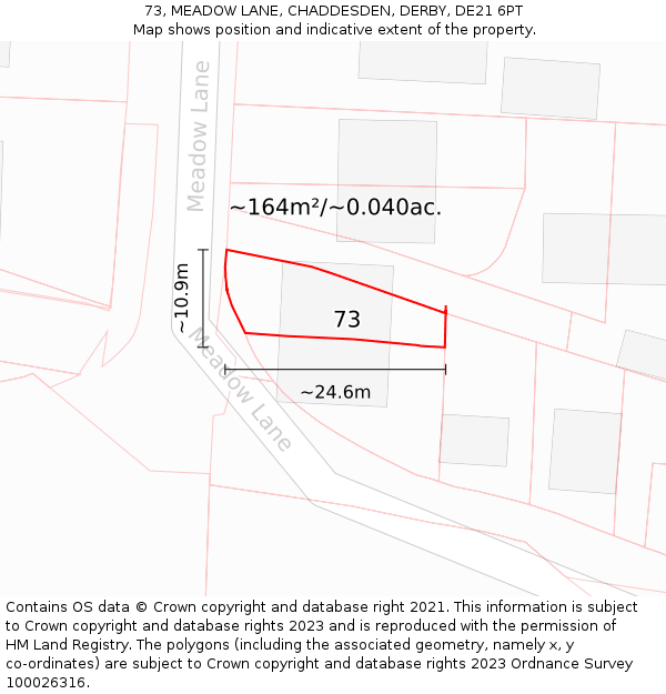 73, MEADOW LANE, CHADDESDEN, DERBY, DE21 6PT: Plot and title map