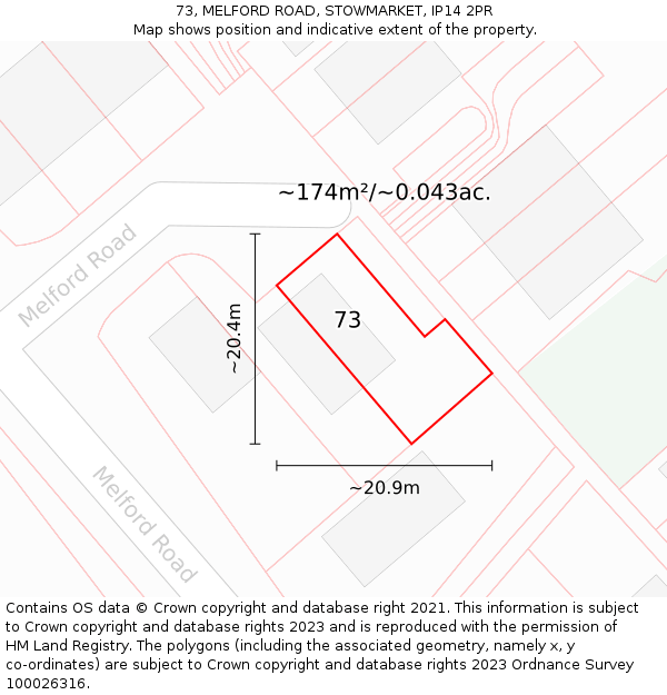 73, MELFORD ROAD, STOWMARKET, IP14 2PR: Plot and title map