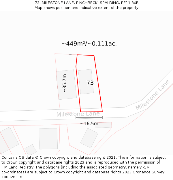73, MILESTONE LANE, PINCHBECK, SPALDING, PE11 3XR: Plot and title map