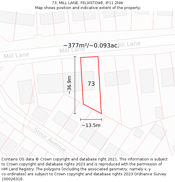 73, MILL LANE, FELIXSTOWE, IP11 2NW: Plot and title map