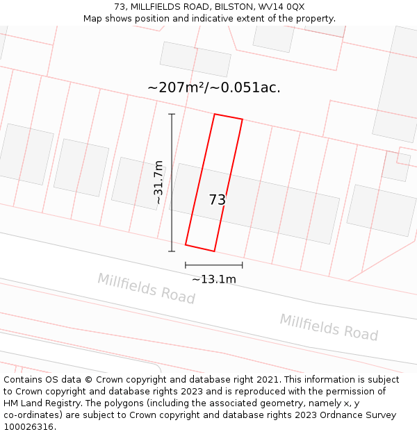 73, MILLFIELDS ROAD, BILSTON, WV14 0QX: Plot and title map