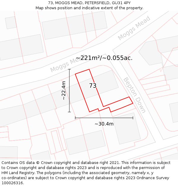73, MOGGS MEAD, PETERSFIELD, GU31 4PY: Plot and title map