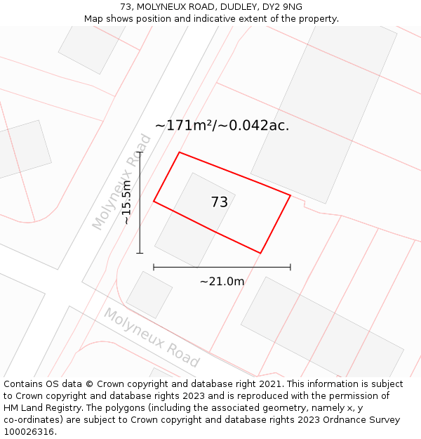 73, MOLYNEUX ROAD, DUDLEY, DY2 9NG: Plot and title map