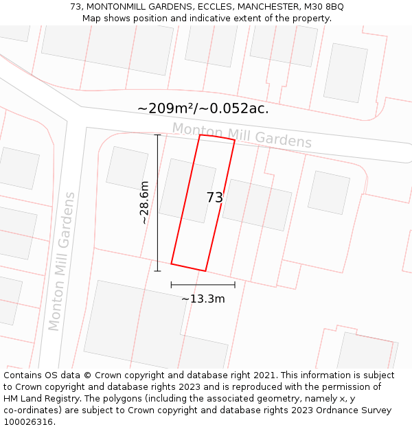 73, MONTONMILL GARDENS, ECCLES, MANCHESTER, M30 8BQ: Plot and title map
