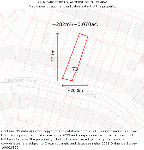 73, NEWPORT ROAD, ALDERSHOT, GU12 4PW: Plot and title map