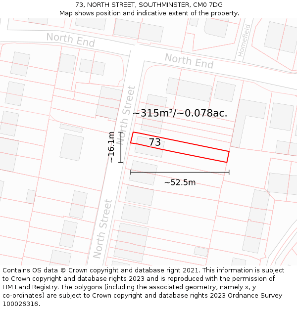73, NORTH STREET, SOUTHMINSTER, CM0 7DG: Plot and title map