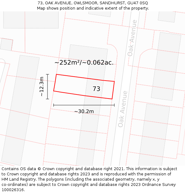 73, OAK AVENUE, OWLSMOOR, SANDHURST, GU47 0SQ: Plot and title map