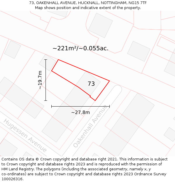 73, OAKENHALL AVENUE, HUCKNALL, NOTTINGHAM, NG15 7TF: Plot and title map