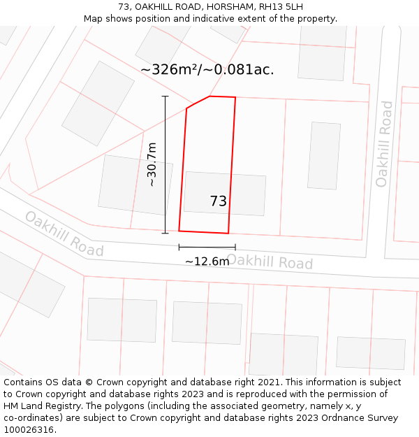 73, OAKHILL ROAD, HORSHAM, RH13 5LH: Plot and title map