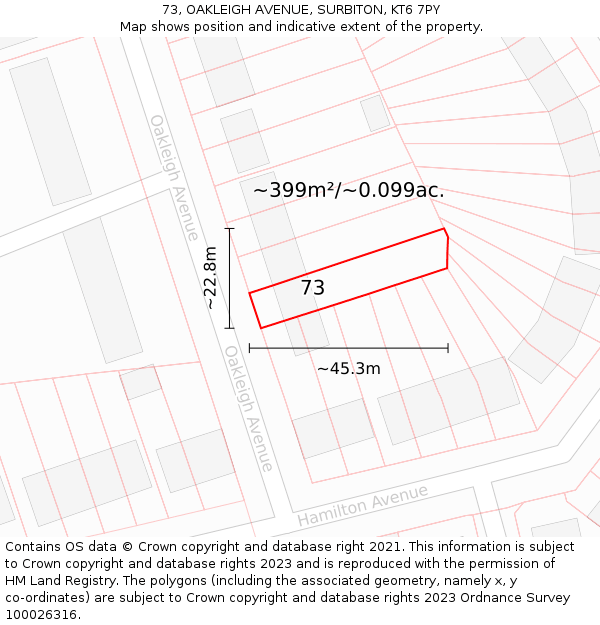 73, OAKLEIGH AVENUE, SURBITON, KT6 7PY: Plot and title map