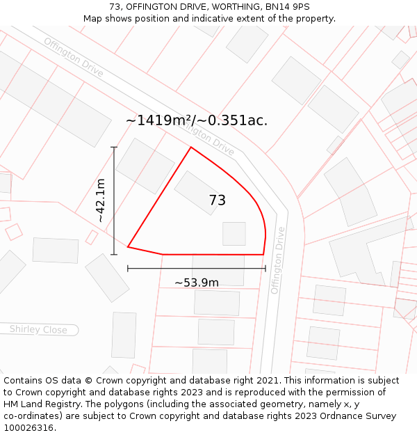 73, OFFINGTON DRIVE, WORTHING, BN14 9PS: Plot and title map