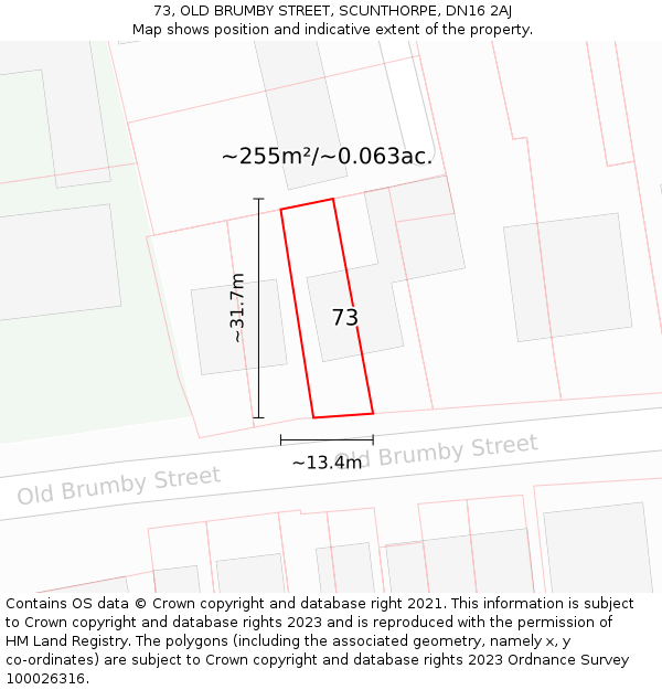 73, OLD BRUMBY STREET, SCUNTHORPE, DN16 2AJ: Plot and title map