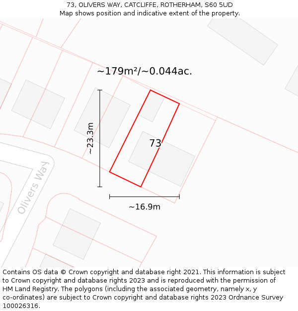 73, OLIVERS WAY, CATCLIFFE, ROTHERHAM, S60 5UD: Plot and title map
